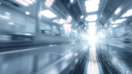 Fototapeta premium A futuristic, blurred interior view of a technology space illuminated by bright lights and reflective surfaces.