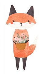 Cute Fox Character Holding Flower Pot with Colorful Design Elements