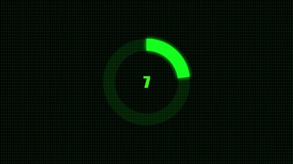 Green digital loading circle with number seven in center on dark grid background futuristic interface element countdown timer progress indicator technology concept - Powered by Adobe