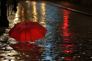 Red umbrella on a wet cobblestone street at night (1)