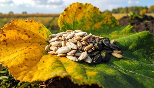 Colorful seeds rest on a vibrant autumn leaf, showcasing a mix of sunflower and pumpkin seeds.