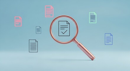 Magnifying glass examining document icon amidst scattered document icons paper contract