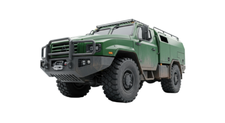 Forest green heavy-duty utility truck, weathered with chunky knobby tires, on transparent studio cyclorama background, industrial resilience concept
