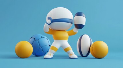 Cheerful Cartoon Character with Sports Balls on Blue Background