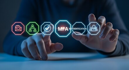 Person interacting with MFA authentication security icons on a digital interface multi-factor