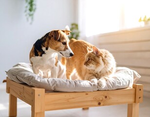 Two pets on a wooden bed, sunny room