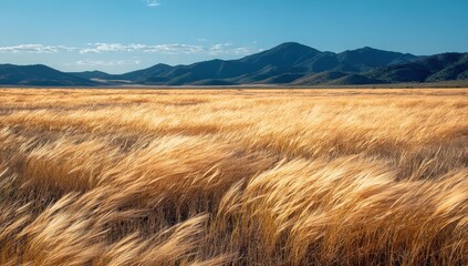 Golden field stretching to mountains