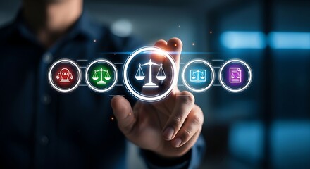 Person touching digital icons for justice law and legal system balance