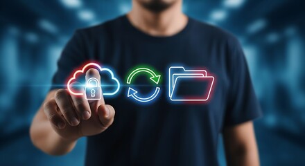 Person touching glowing icons for cloud security data sync and file storage image photo