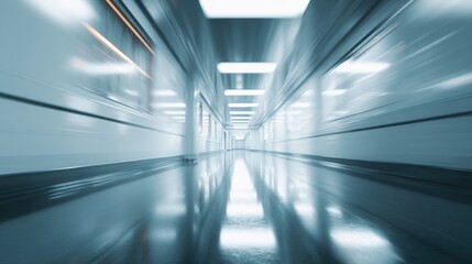 Fototapeta premium A modern corridor with sleek lines and reflective surfaces, conveying a sense of speed and advanced design.