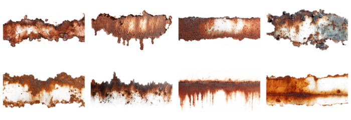 This collection features a variety of rust stains on a white background, highlighting unique textures and patterns. Ideal for design and art projects.