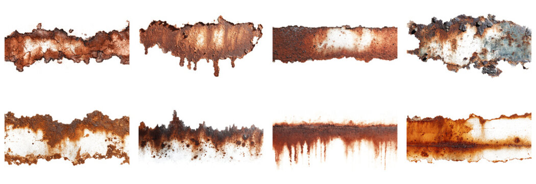 This collection features a variety of rust stains on a white background, highlighting unique textures and patterns. Ideal for design and art projects. - Powered by Adobe