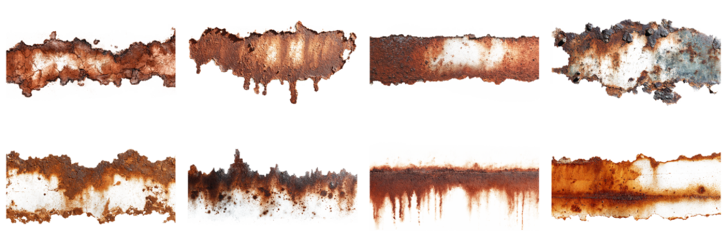 This collection features a variety of rust stains on a white background, highlighting unique textures and patterns. Ideal for design and art projects.