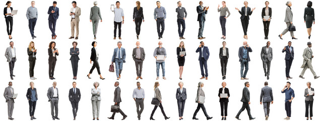 Set of business people in various actions on isolated background. Businesspeople, businesswomen, businessmen office worker in full body length studio professional shot in casual and formal wear
