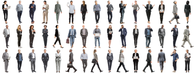 Set of business people in various actions on isolated background. Businesspeople, businesswomen, businessmen office worker in full body length studio professional shot in casual and formal wear