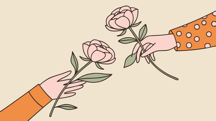 A pair of hands reaching out to exchange pink flowers, representing connection and shared moments in a simple art style