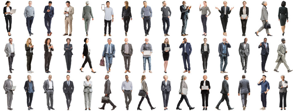 Set of business people in various actions on isolated background. Businesspeople, businesswomen, businessmen office worker in full body length studio professional shot in casual and formal wear