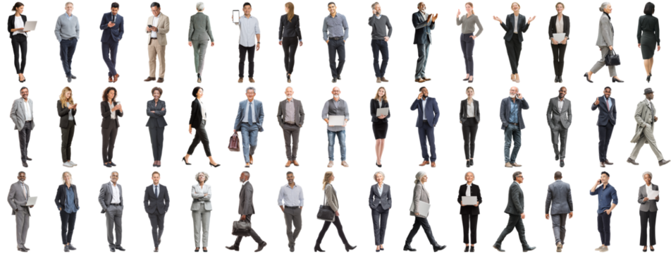 Set of business people in various actions on isolated background. Businesspeople, businesswomen, businessmen office worker in full body length studio professional shot in casual and formal wear - Powered by Adobe