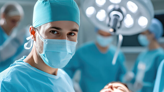 male surgeon performing operation in modern operating room with surgical team and medical equipment