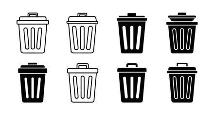 Collection of eight trash can icons in black and white.