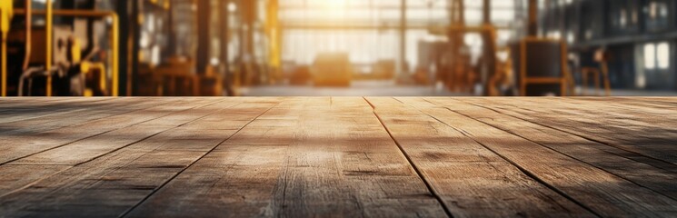 Rustic Wooden Table Surface in a Bright Industrial Warehouse