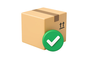 3D Cardboard Box with Green Checkmark Icon Isolated on a Transparent Background