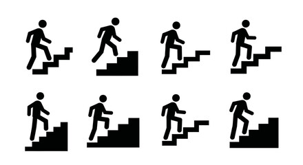Black and white stick figures climbing stairs in a row.