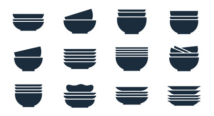 Collection of various stacked bowls vector icons.