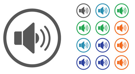 A collection of speaker icons in various colors, each within a circular frame.