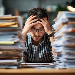 Overwhelmed Businessman, Paperwork Stress