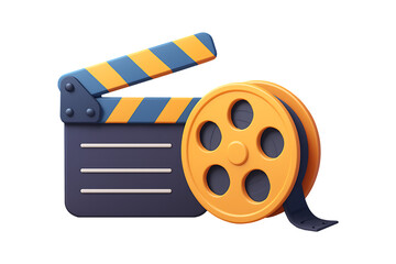 3D Movie Clapperboard and Film Reel Isolated on a Transparent Background