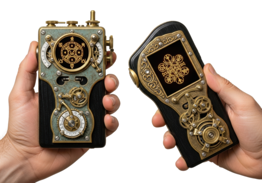 Weathered hands carefully hold intricate steampunk brass & ebony communication devices with amber glowing arcane symbols on white, concept of forgotten technology