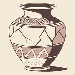 Illustration of a cracked vase with geometric patterns in muted tones