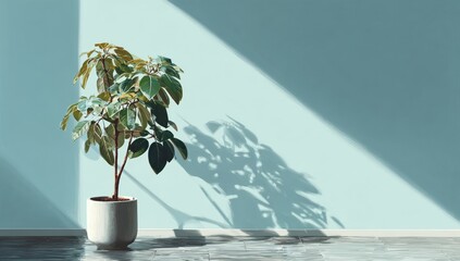 A plant in a pot casts a shadow on a light-blue wall