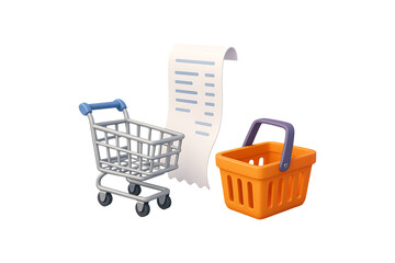3D Shopping Cart, Basket, and Receipt Icon Isolated on a Transparent Background