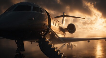 Private jet at sunrise