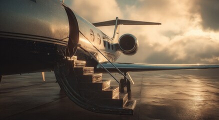 Private jet on tarmac at sunset