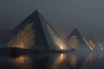 Misty pyramids, illuminated