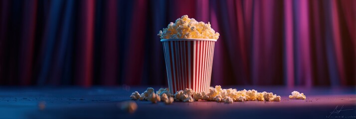 Popcorn in a striped container on a stage-like surface with a backdrop of drapes
