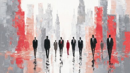 Abstract cityscape with figures walking