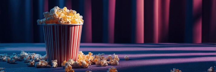 Popcorn in a striped container on a dark surface