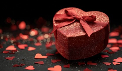 Heart-shaped gift box on a black background with red hearts