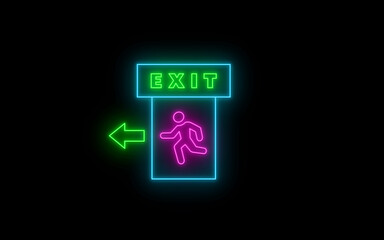 Left Neon glowing color emergency exit icon on black background. Man running out, fire exit. Bright Emergency exit sign. Emergency exit. Safety symbol. Escape help evacuation icon