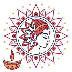Beautiful woman with flower and diya, mandala art