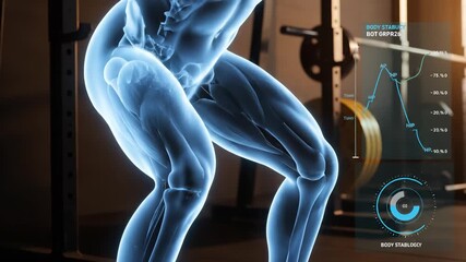 Transparent human figure demonstrating a squat exercise in a gym setting, showcasing muscle engagement and biomechanics with digital overlays for performance analysis - Powered by Adobe