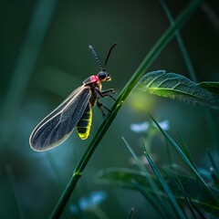 Close-up macro photograph of a single glowing firefly at night, symbolizing endangered species
