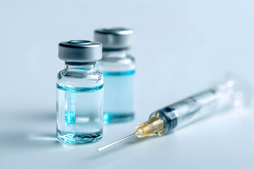Closeup of vaccine vials and syringe on white surface representing medical treatment and healthcare during a pandemic, conveying hope and protection.