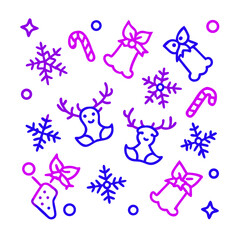 Whimsical christmas pattern with neon gradient outlines of snowflakes reindeer candy canes bells and stockings on a black background