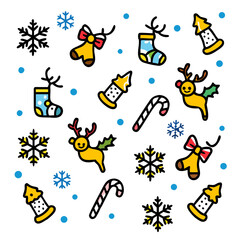 Naklejka premium Festive christmas pattern with colorful cartoon icons including reindeer snowflakes stockings bells and trees on a black background