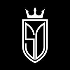 SO Vector logo of initials shield with crown and minimalist, elegant style